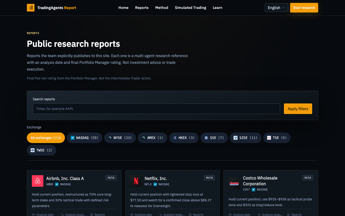 Public research reports, filterable by exchange