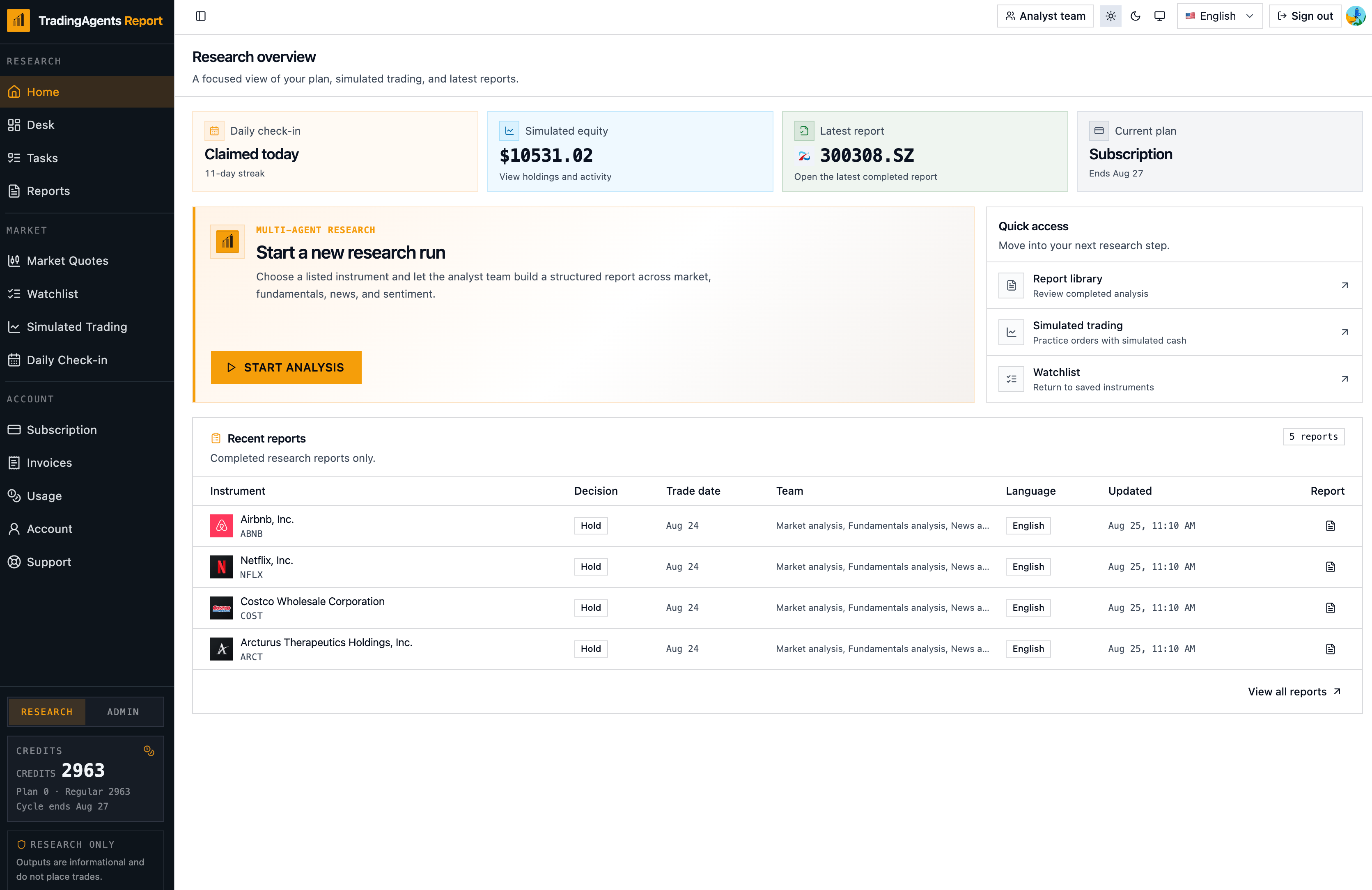 Product home: research overview, simulated equity, recent reports