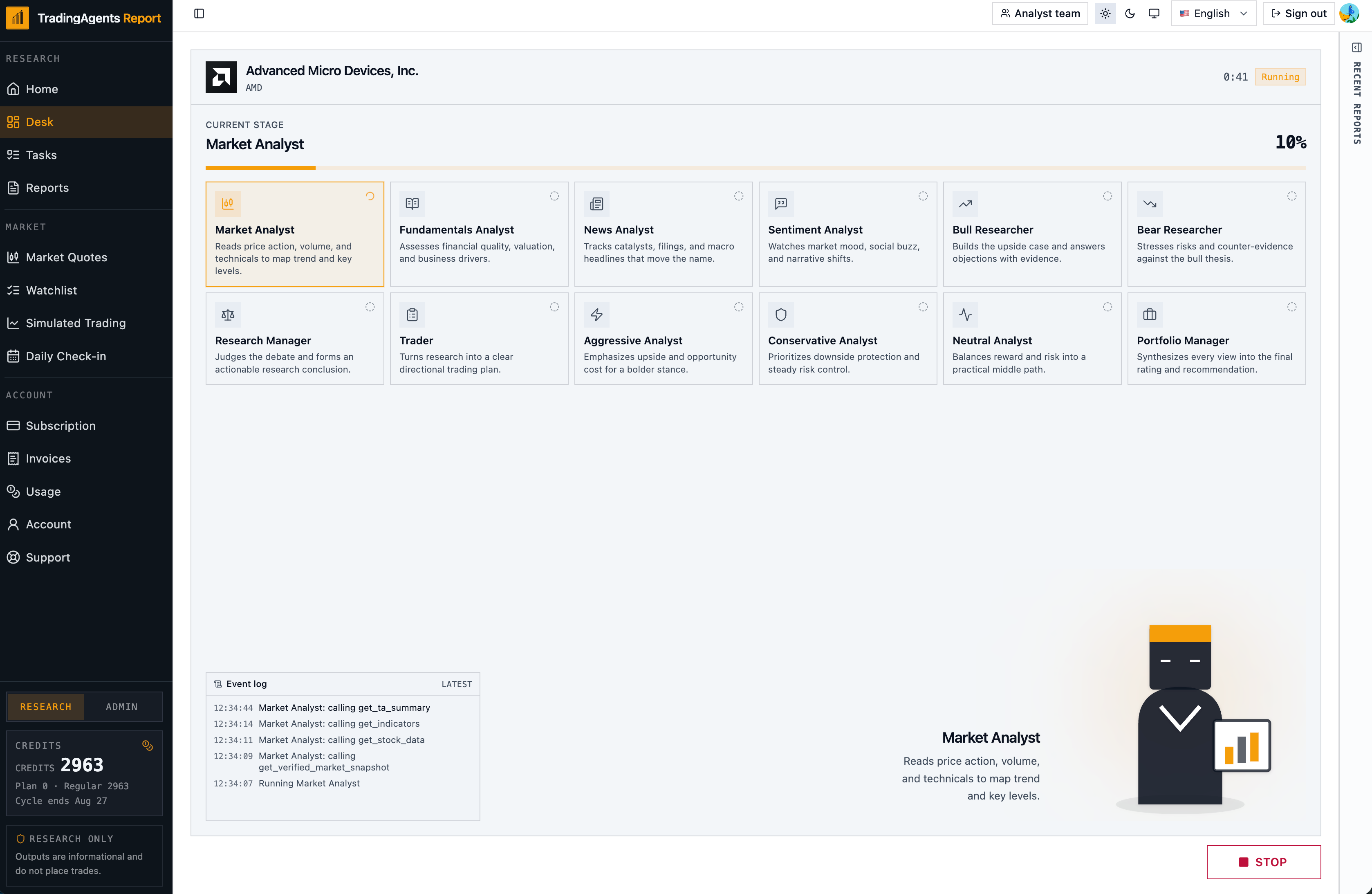 Research desk running an AMD job: twelve roles, stage progress, event log